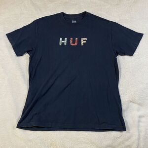 HUF Graphic Print‎ Spellout Logo T-shirt Large Navy Skateboarding Streetwear